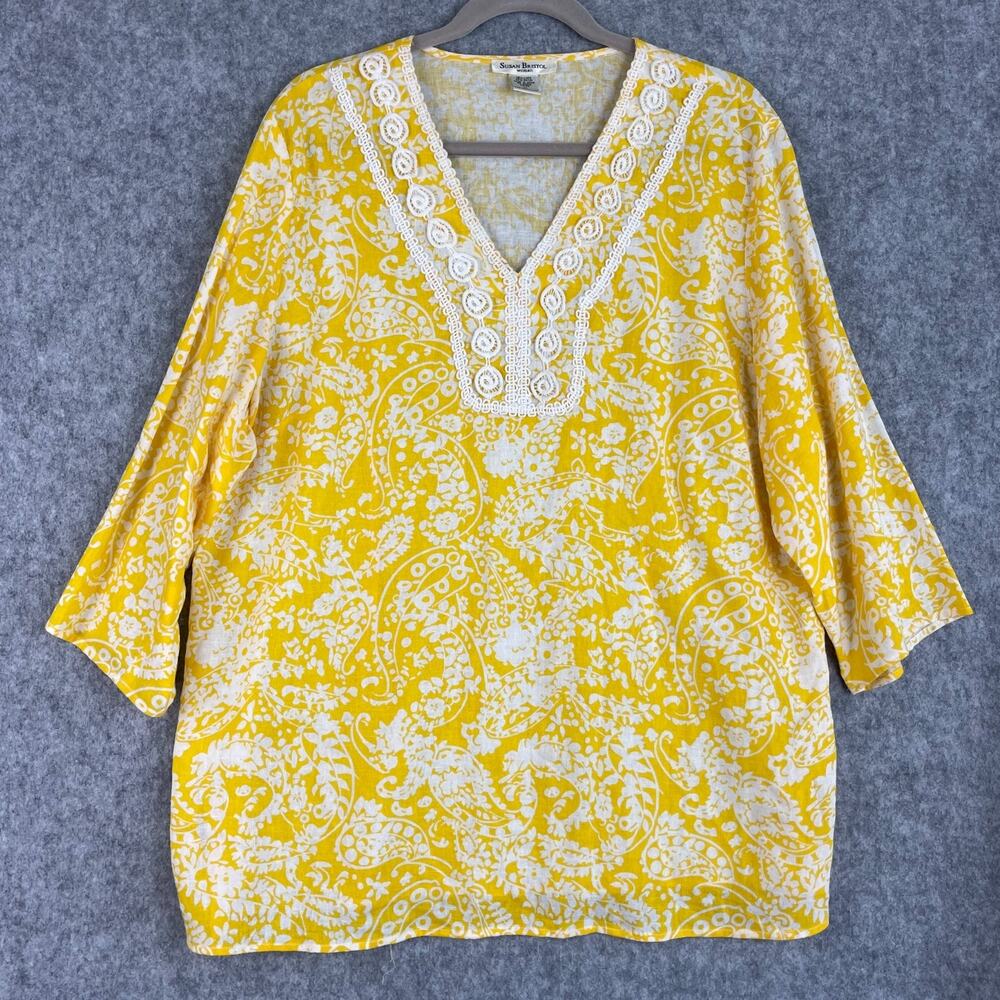 Susan‎ Bristol Tunic Top Womens 1X Yellow Paisley Linen Blend Embroidered Boho